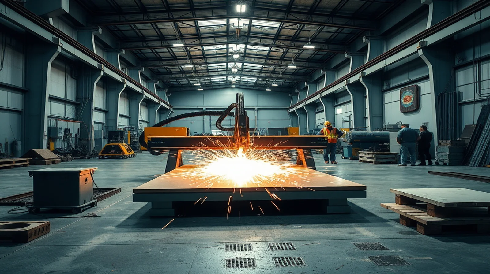 Custom metal fabrication shop floor with cut and formed parts